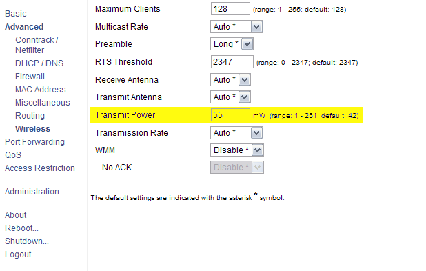 tomatotransmit Tomato Transmit Power Setting